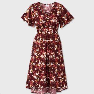 Isabel Maternity Dress Short Sleeve Woven, Full Skirt, Burgundy Floral, Size M